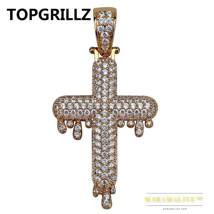 Men's Hip Hop Religious Drop Cross Pendant Gold Silver Color Cubic Zircon Jewelry Necklaces Gifts Rope Chain