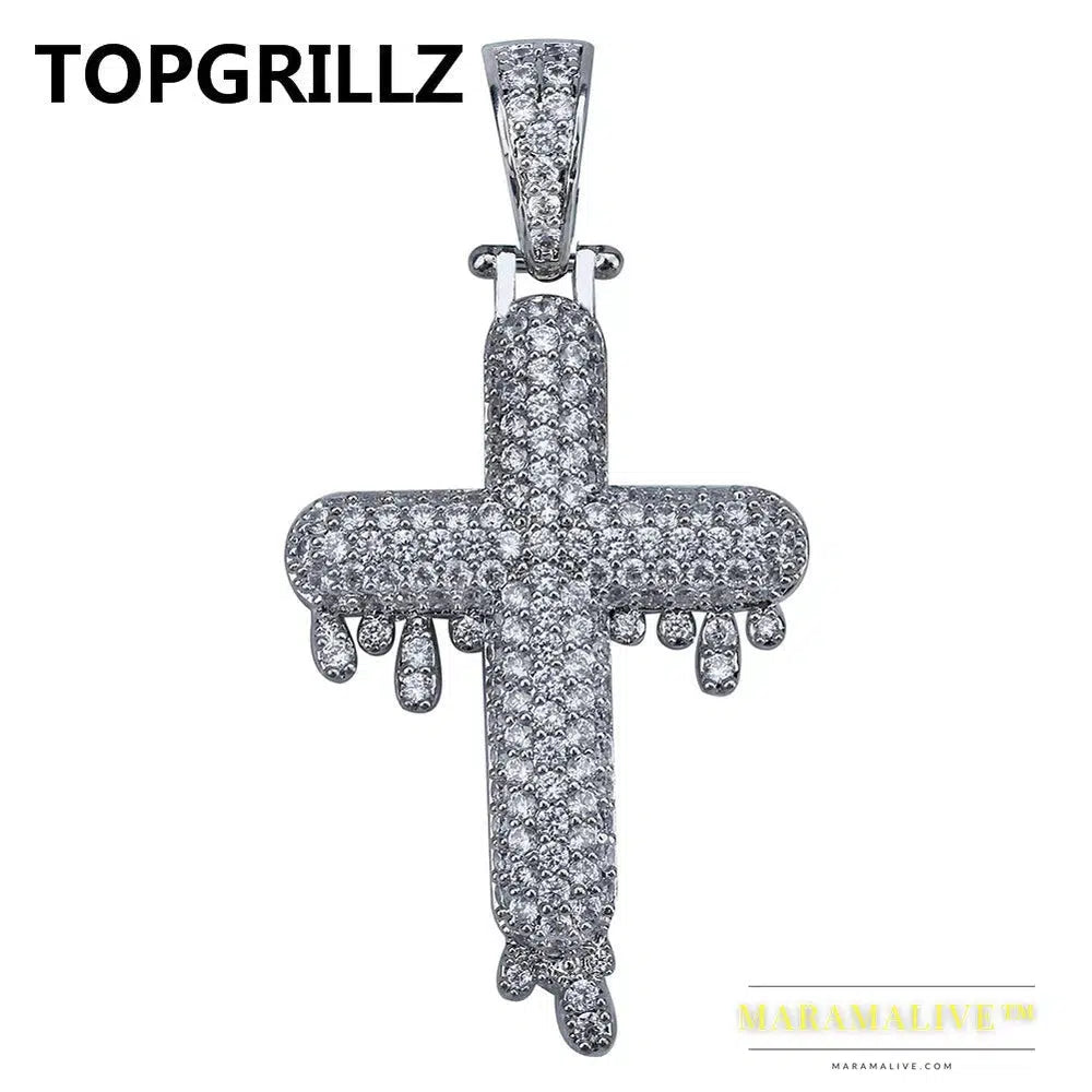 Men's Hip Hop Religious Drop Cross Pendant Gold Silver Color Cubic Zircon Jewelry Necklaces Gifts Rope Chain