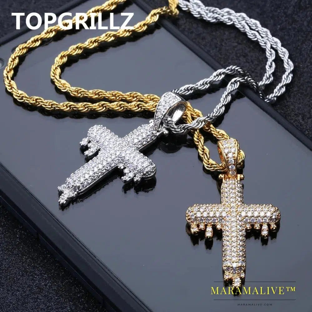 Men's Hip Hop Religious Drop Cross Pendant Gold Silver Color Cubic Zircon Jewelry Necklaces Gifts Rope Chain