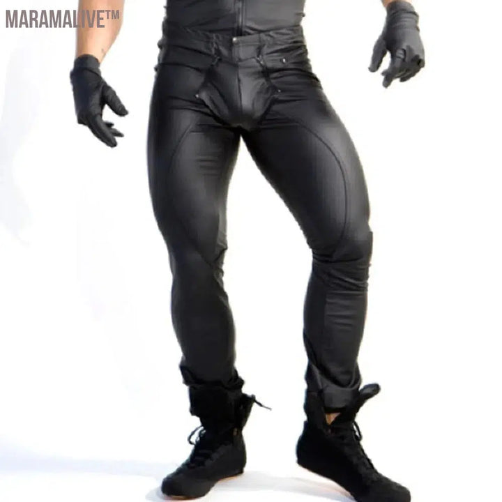 Men's Leather Trousers PU Leather Legging Wet Look Skinny Pouch Open Pants Pants Clubwear Tights Punk Clothing