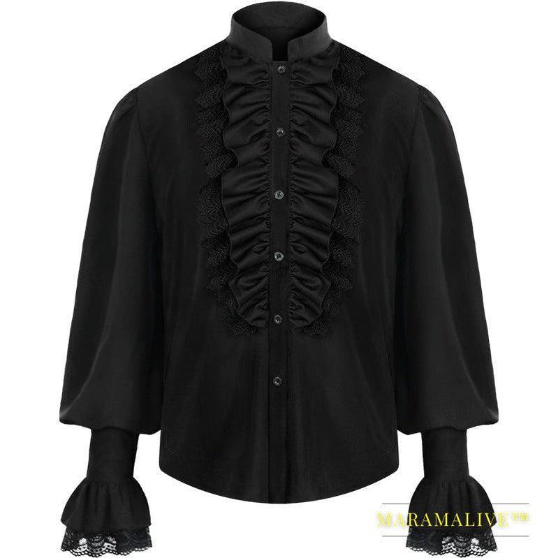 Men's Pleated Pirate Shirt Medieval Renaissance Cosplay Costume Steampunk Top