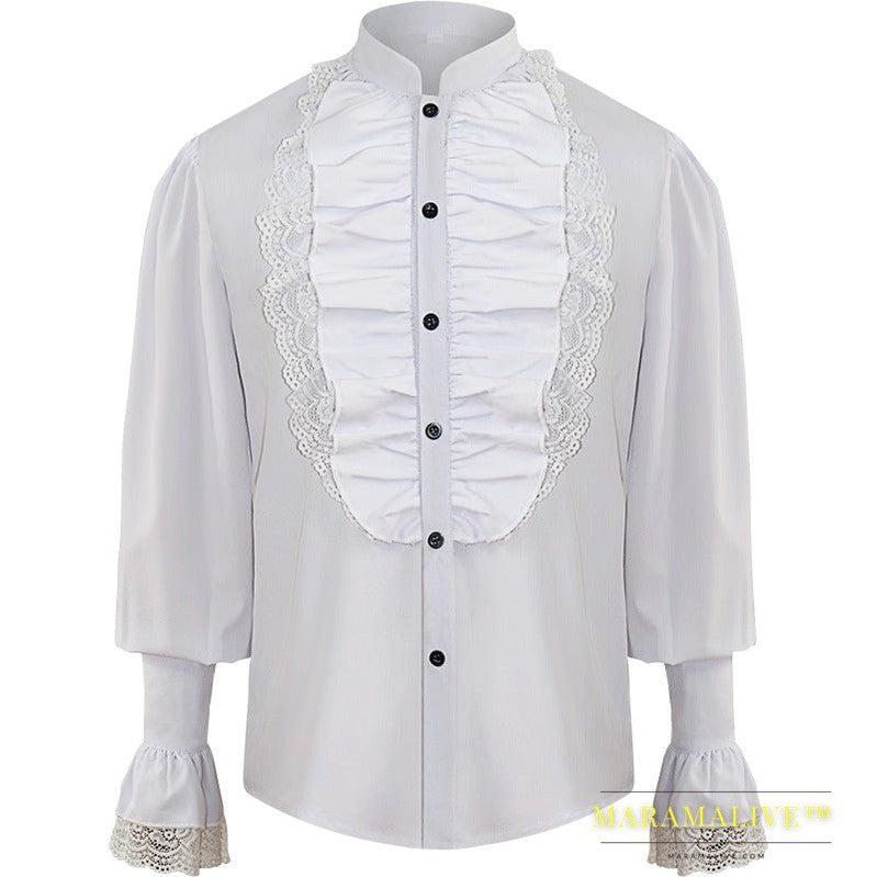 Men's Pleated Pirate Shirt Medieval Renaissance Cosplay Costume Steampunk Top