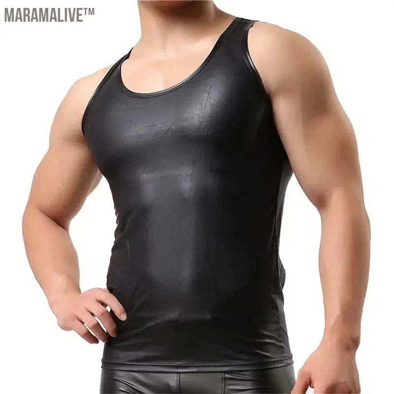 Mens Sexy PU Leather Tank Tops Sleeveless Erotic Shaping Sheath Stretch Shirts Soft Latex Bodycon Patent Leather T-shirts Sexi