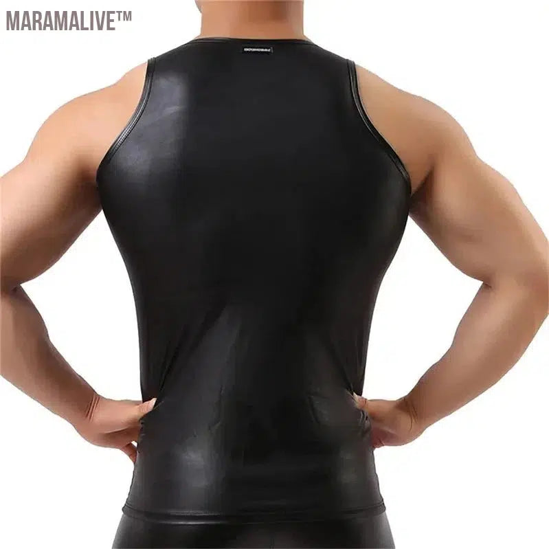 Mens Sexy PU Leather Tank Tops Sleeveless Erotic Shaping Sheath Stretch Shirts Soft Latex Bodycon Patent Leather T-shirts Sexi