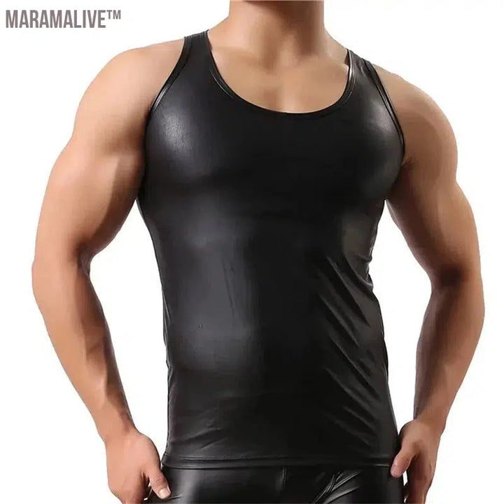 Mens Sexy PU Leather Tank Tops Sleeveless Erotic Shaping Sheath Stretch Shirts Soft Latex Bodycon Patent Leather T-shirts Sexi