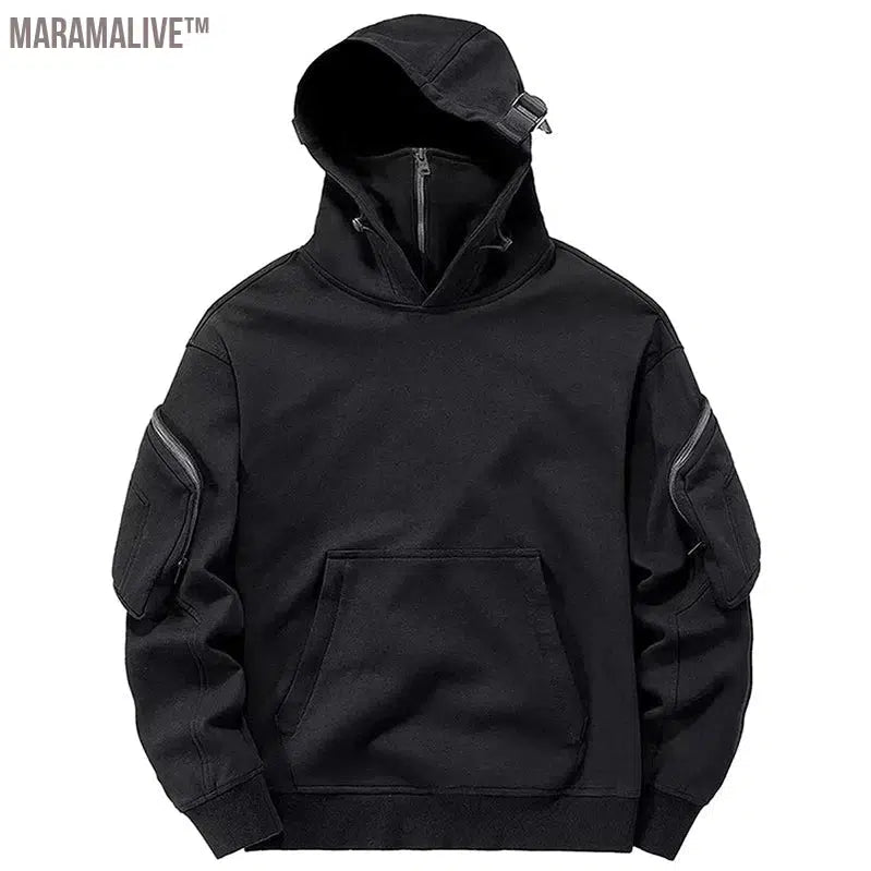 Men's Techwear Zip Up Hoodies Dark Souls Cyberpunk Sweatshirts High Neck Mask Windproof Pullovers Dark Black Cargo Tops