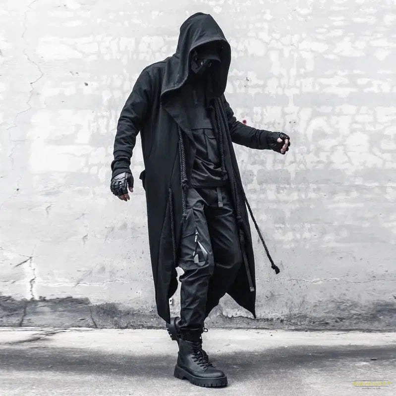 Men's Unique Warrior Darkwear Windbreaker Long Coat - Steampunk Victorian Gothic Style Hooded Wizard Cloak