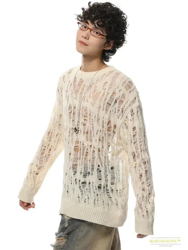 Men's Vintage Slouchy Sweater with Hollow Out Design - Lightweight Long Sleeve Summer Knitting, Streetwear Fashion