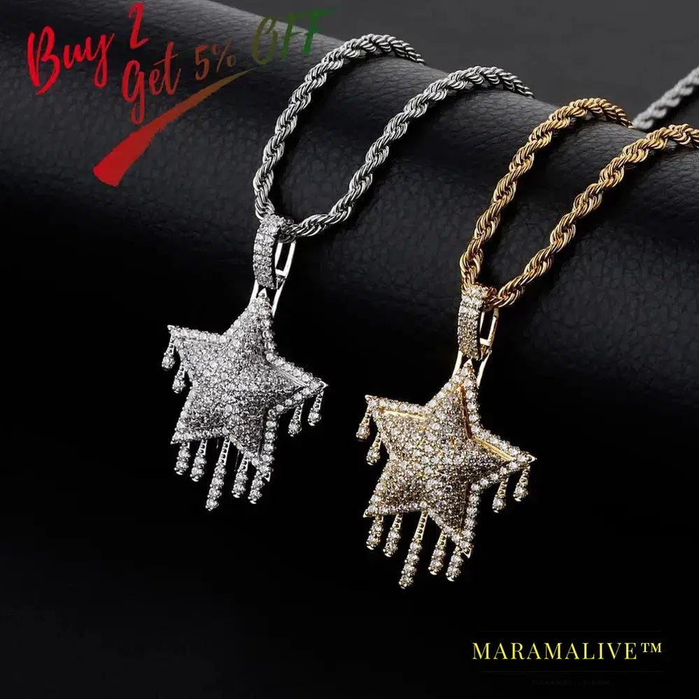 Men's Women Iced Out Cubic Zircon Bling Drip Star Necklace & Pendant Gold Silver Color Hip Hop Jewelry Tennis Chain