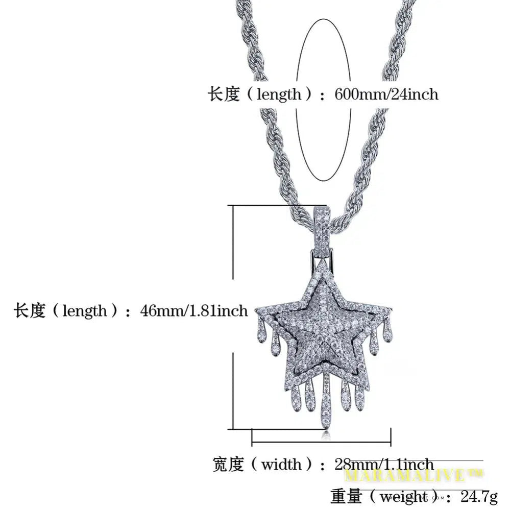 Men's Women Iced Out Cubic Zircon Bling Drip Star Necklace & Pendant Gold Silver Color Hip Hop Jewelry Tennis Chain