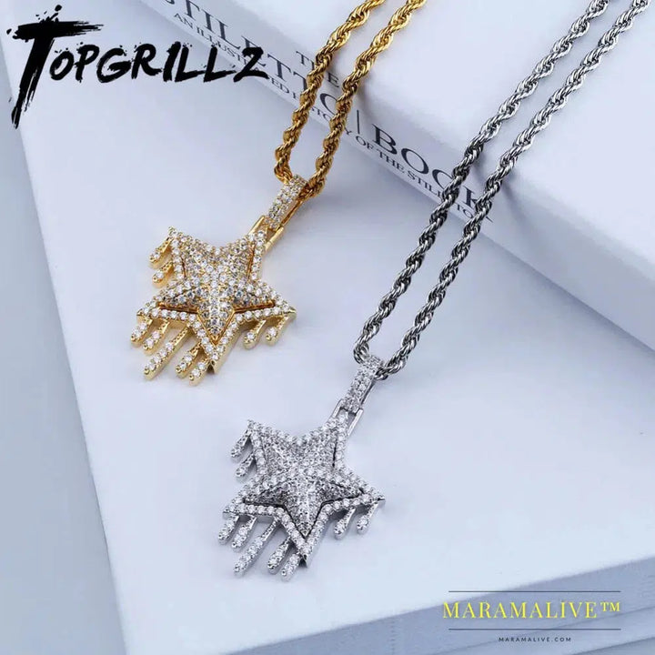 Men's Women Iced Out Cubic Zircon Bling Drip Star Necklace & Pendant Gold Silver Color Hip Hop Jewelry Tennis Chain