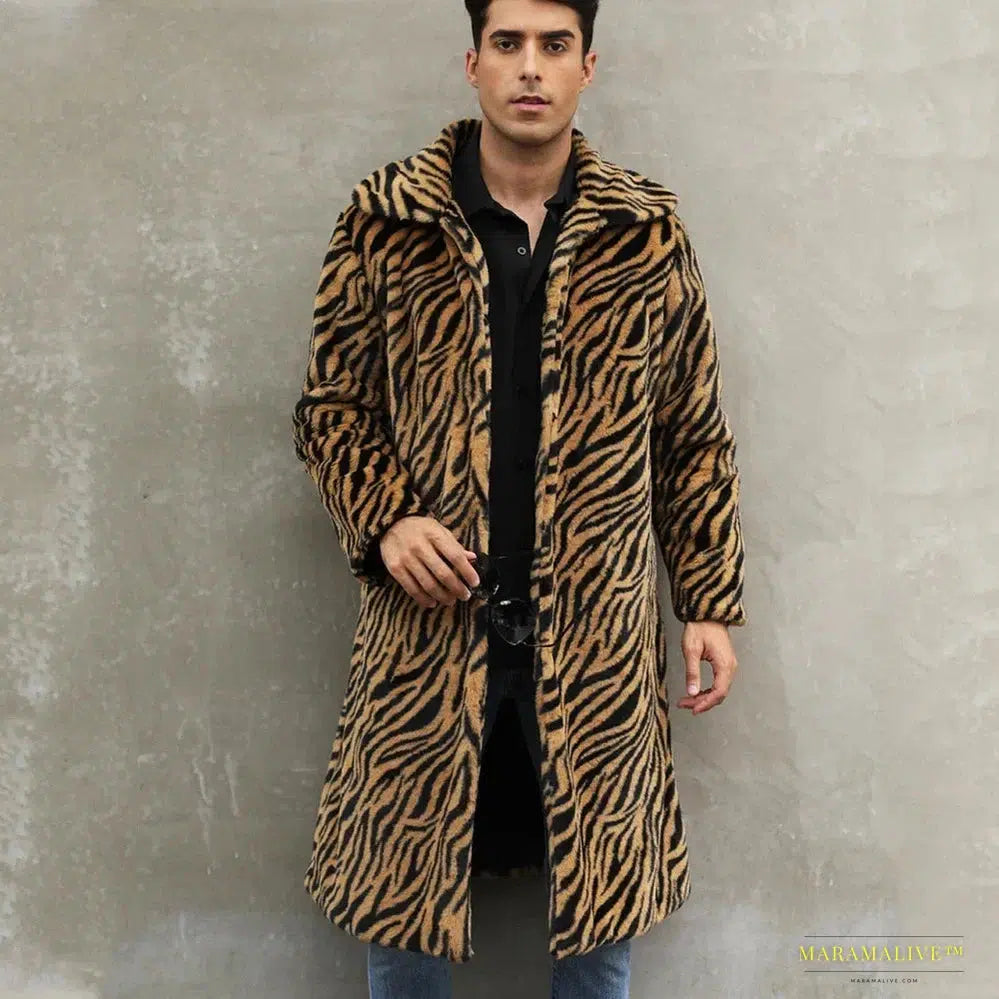 Men's Zebra-Stripe Faux Fox Fur Winter Jacket – Luxurious Thick & Warm Shaggy Goth-Inspired Outerwear