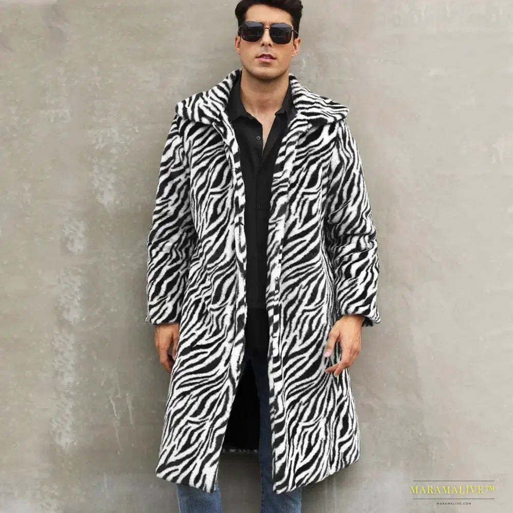 Men's Zebra-Stripe Faux Fox Fur Winter Jacket – Luxurious Thick & Warm Shaggy Goth-Inspired Outerwear