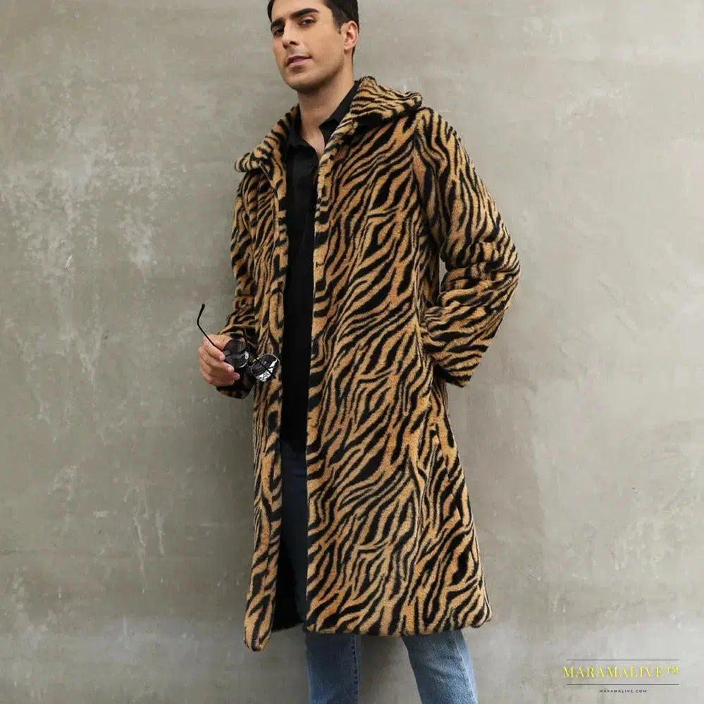 Men's Zebra-Stripe Faux Fox Fur Winter Jacket – Luxurious Thick & Warm Shaggy Goth-Inspired Outerwear