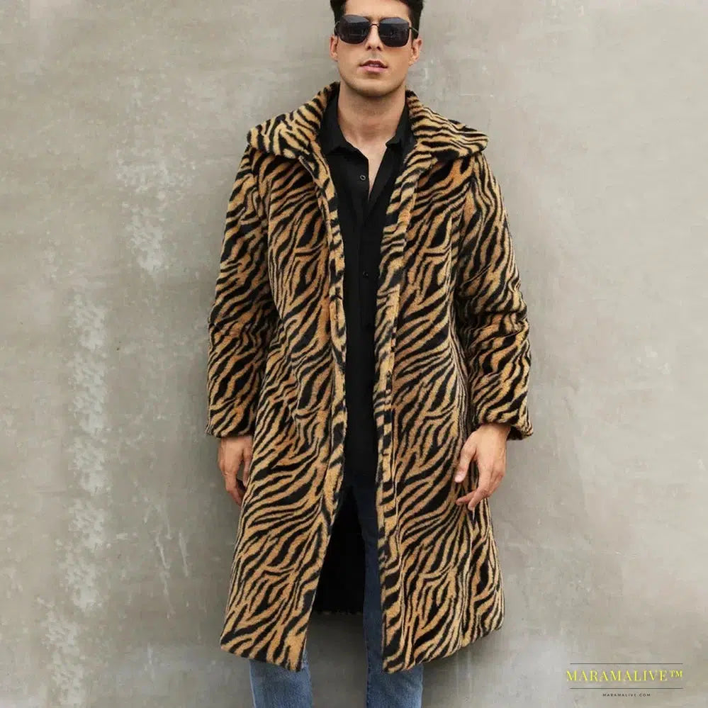 Men's Zebra-Stripe Faux Fox Fur Winter Jacket – Luxurious Thick & Warm Shaggy Goth-Inspired Outerwear