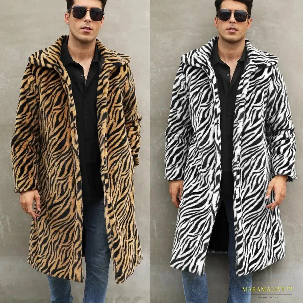 Men's Zebra-Stripe Faux Fox Fur Winter Jacket – Luxurious Thick & Warm Shaggy Goth-Inspired Outerwear