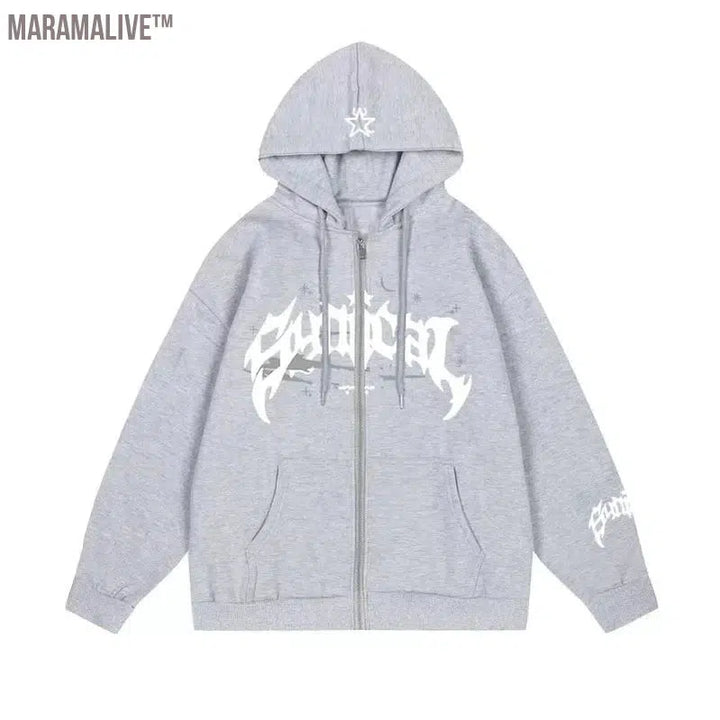 Men's zipper retro sweater hooded sweatshirt letters and stars multifunctional casual jacket American style fashionable 2024