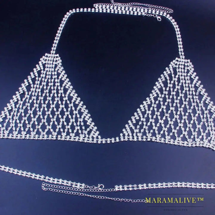 Mesh Crystal Bralette Underwear Sexy Jewelry for Women Bling Rhinestone Body Chain Bra Harness Waist Jewellery Party