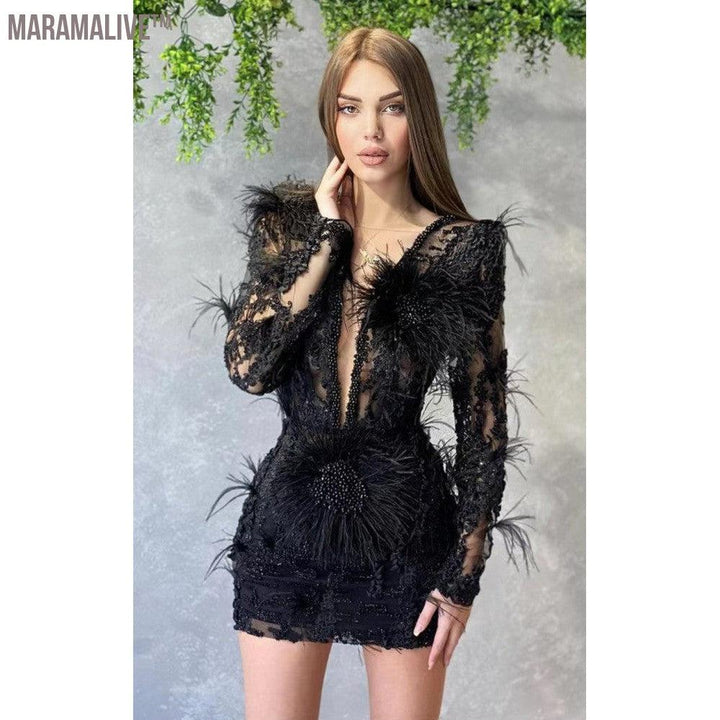 Mesh Long-sleeved Sequin Feather Casual Dress