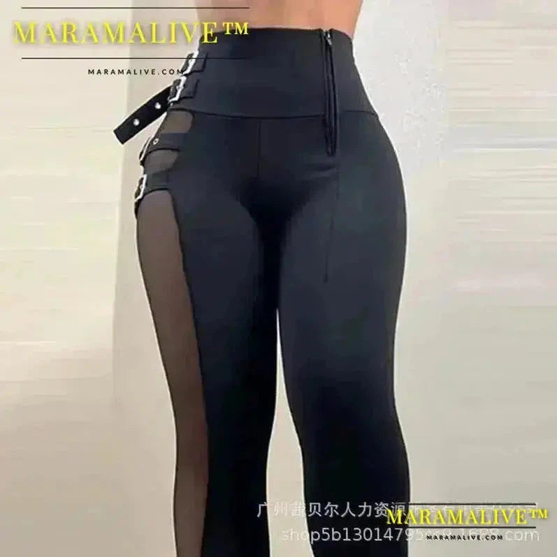 Mesh Patch Buckled High Waist Pants Women Patchwork High Waist Streetwear Sheath Flat Sexy Pockets Pencil Pant Ankle Length Belt