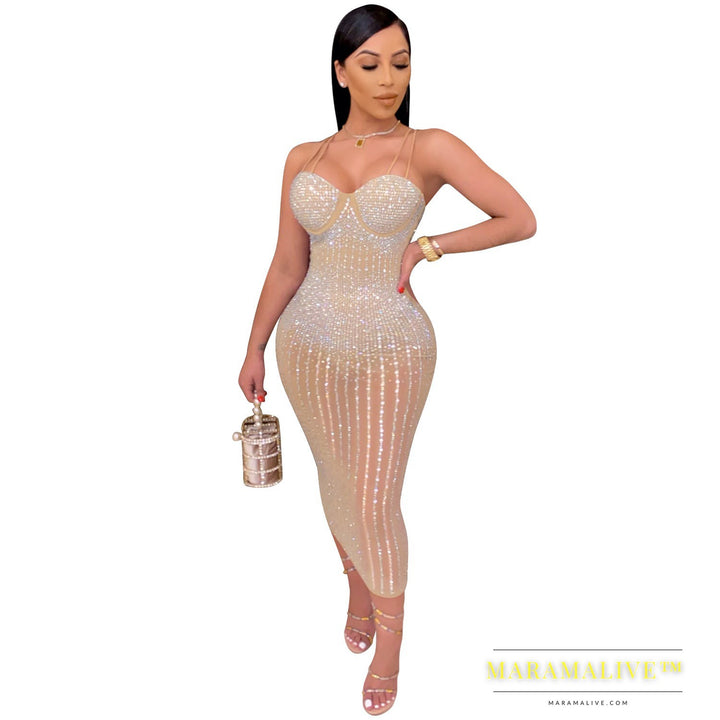 Mesh See-through Rhinestone-studded Sling Dress