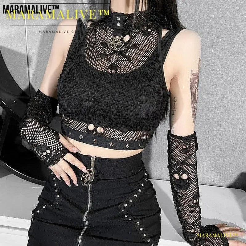 Mesh Sleeve Lace Sheer Gothic Tank Top Two Piece