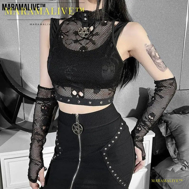 Mesh Sleeve Lace Sheer Gothic Tank Top Two Piece