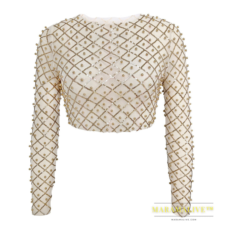 Mesh Studded Sequin Long-sleeved Shirt