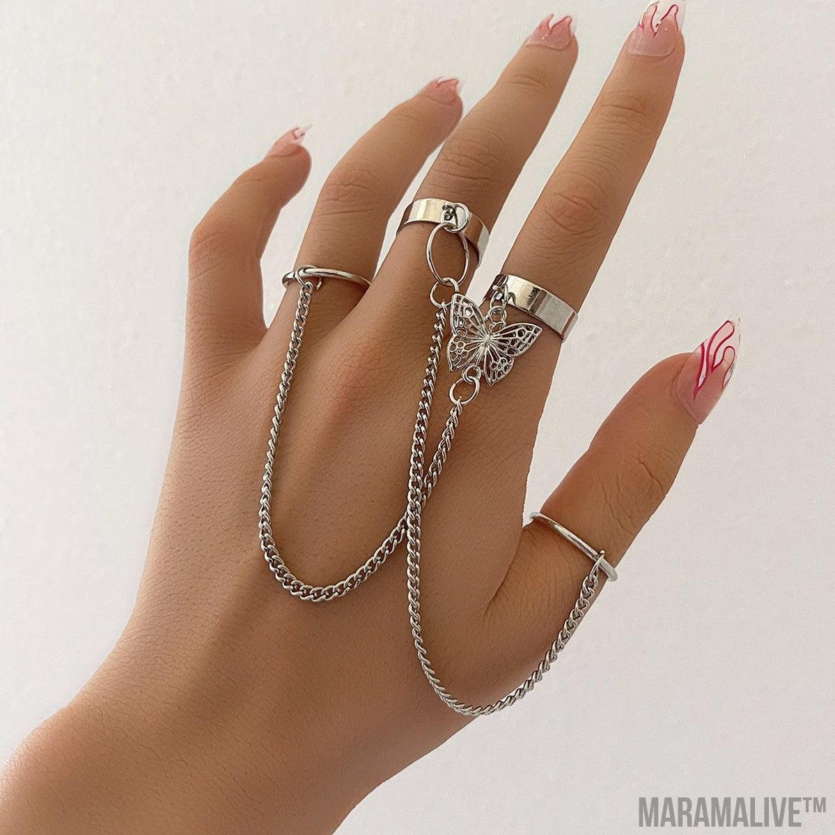 Metal Chain Bracelet Ring One Piece Punk Style Retro