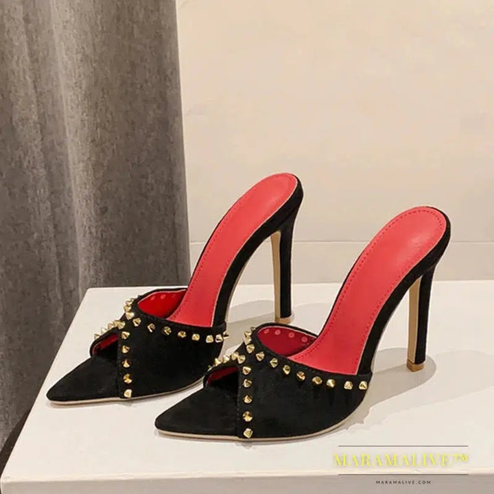 Metallic Studded High Heel Pointy Toe Dressy Slip-On Shoes