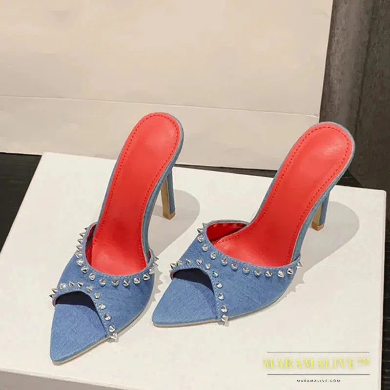 Metallic Studded High Heel Pointy Toe Dressy Slip-On Shoes