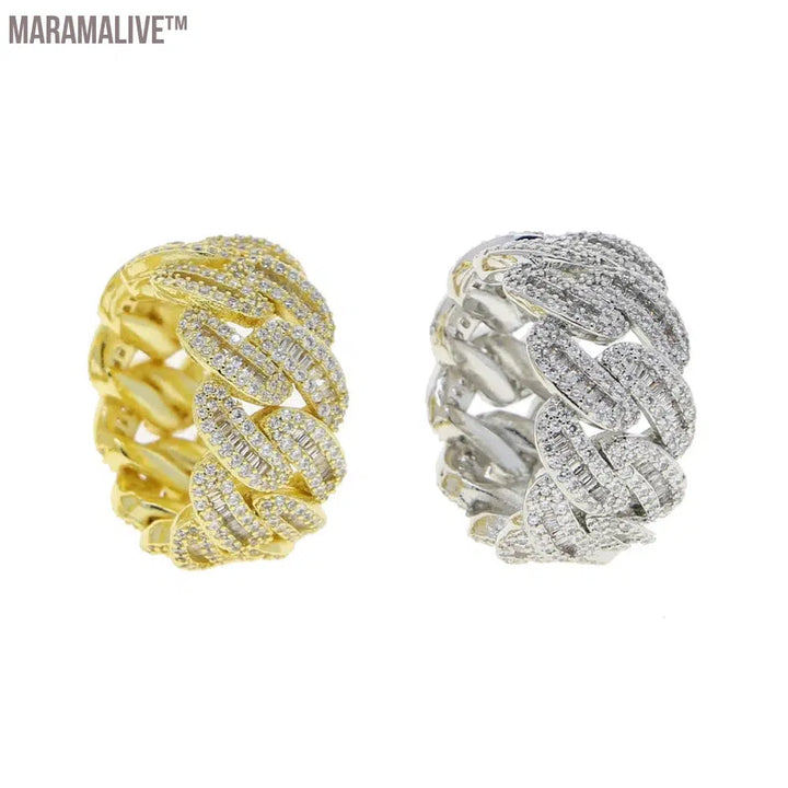 Miami Cuban Link Chain Men's Ring Gold Plated Bling Iced Out Full Cubic Zircon Hip Hop Fashion CZ Rock Jewelry