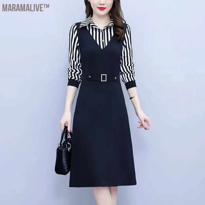 Mid Length Striped Patchwork for Autumn and Winter Women's POLO Collar Button Pocket with Waist Closure Long Sleeved Dresses