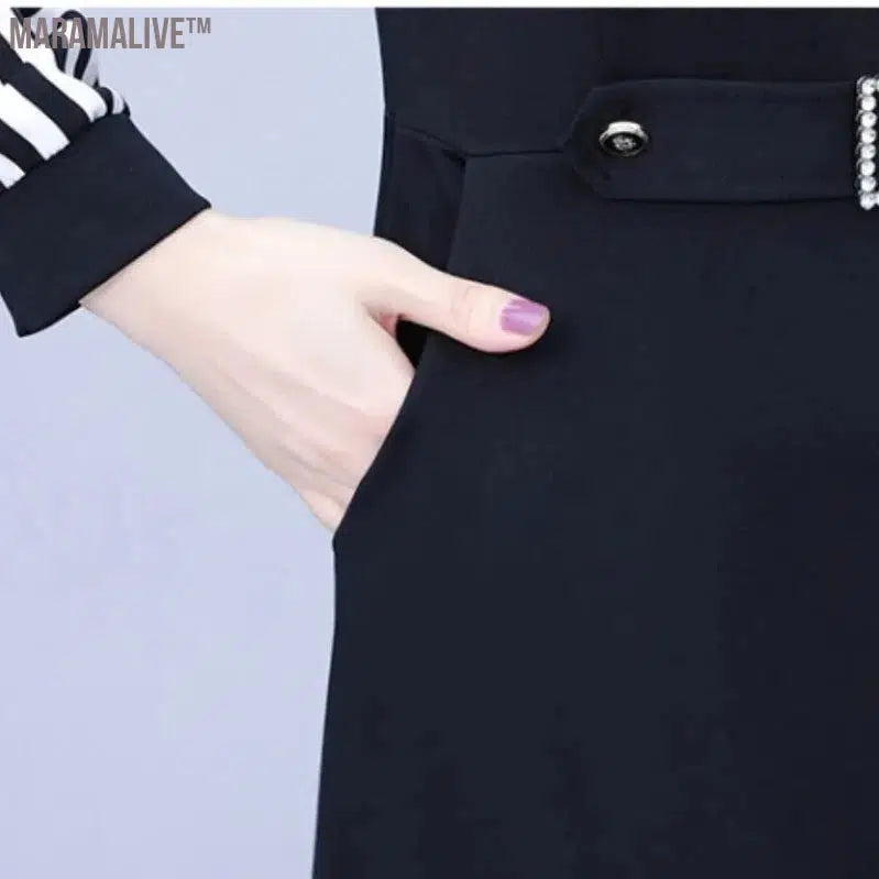 Mid Length Striped Patchwork for Autumn and Winter Women's POLO Collar Button Pocket with Waist Closure Long Sleeved Dresses