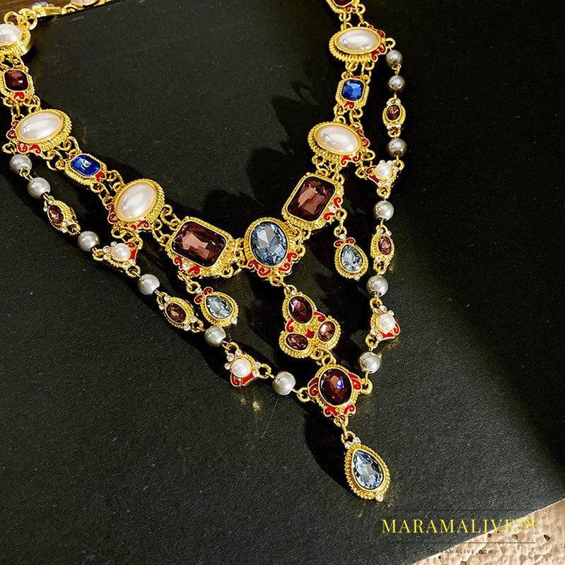 Mid-ancient Temperament Pearl Crystal Shining Diamond Tassel Clavicle Chain Color Gem Neckband Necklace