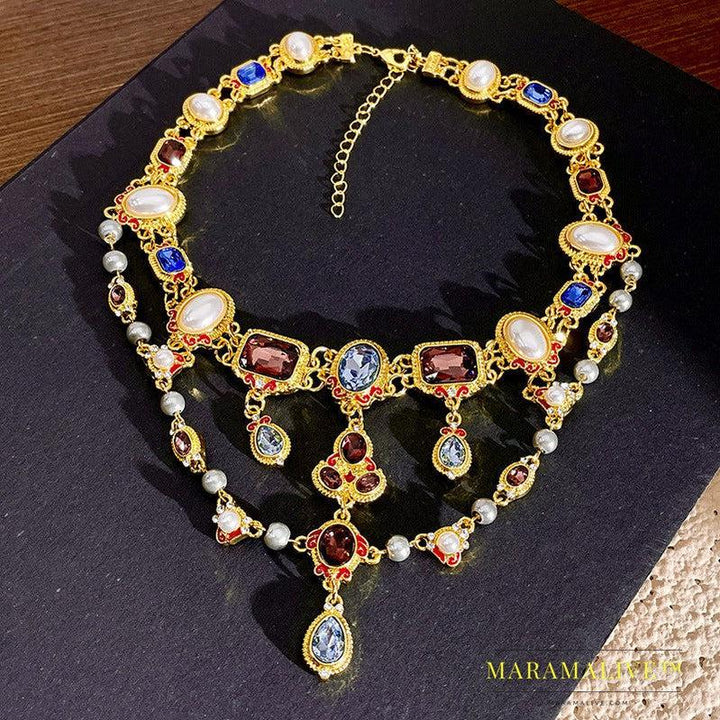 Mid-ancient Temperament Pearl Crystal Shining Diamond Tassel Clavicle Chain Color Gem Neckband Necklace