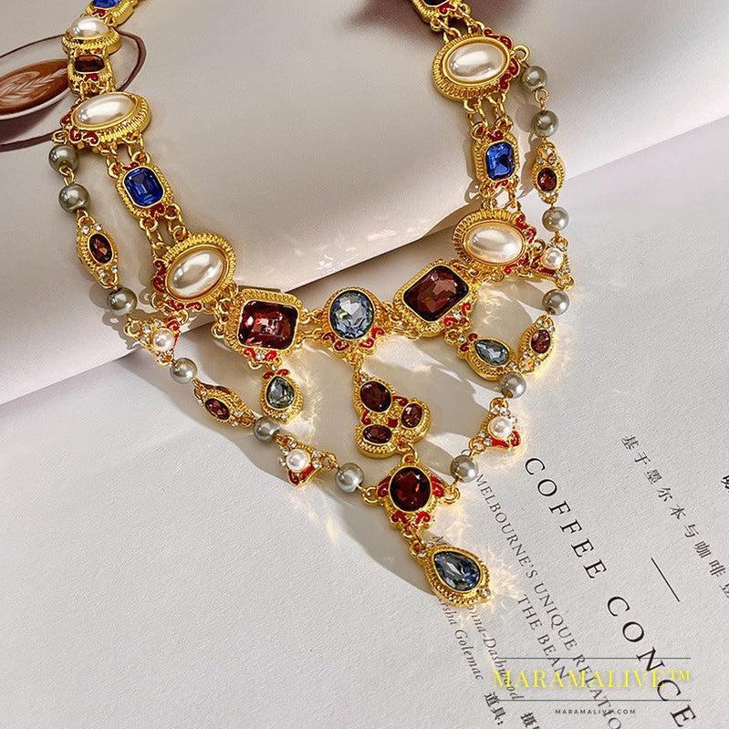 Mid-ancient Temperament Pearl Crystal Shining Diamond Tassel Clavicle Chain Color Gem Neckband Necklace