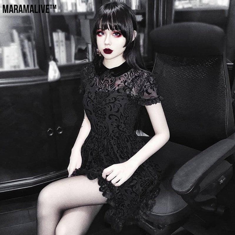 Midnight Allure: Dark Gothic Sexy Mesh Lolita Short Sleeve High Waist Dress