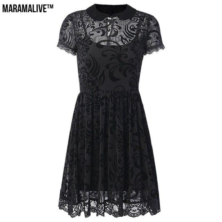 Midnight Allure: Dark Gothic Sexy Mesh Lolita Short Sleeve High Waist Dress