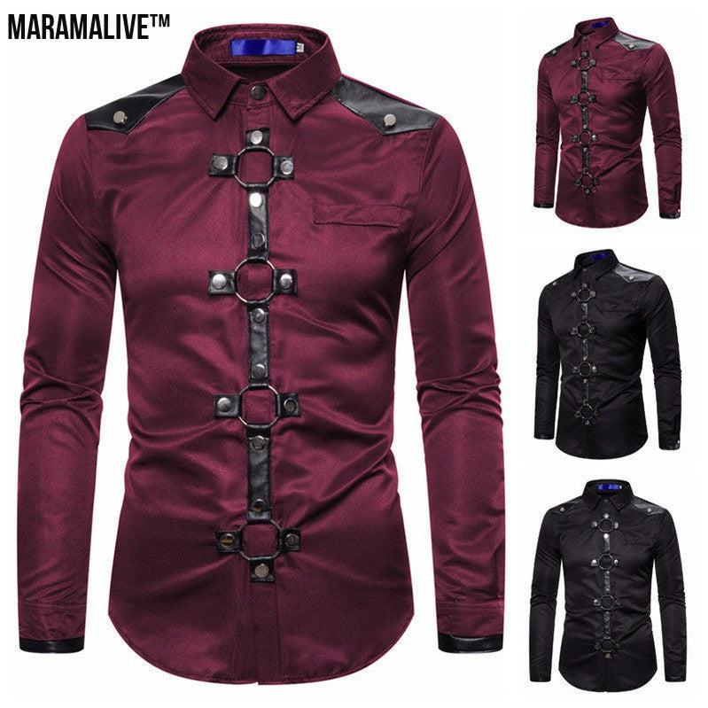 Midnight Majesty: Men's Gothic Style Rivet Casual Long Sleeve Shirt Men's Costume