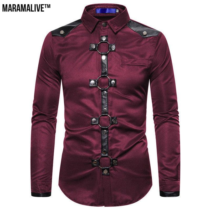 Midnight Majesty: Men's Gothic Style Rivet Casual Long Sleeve Shirt Men's Costume