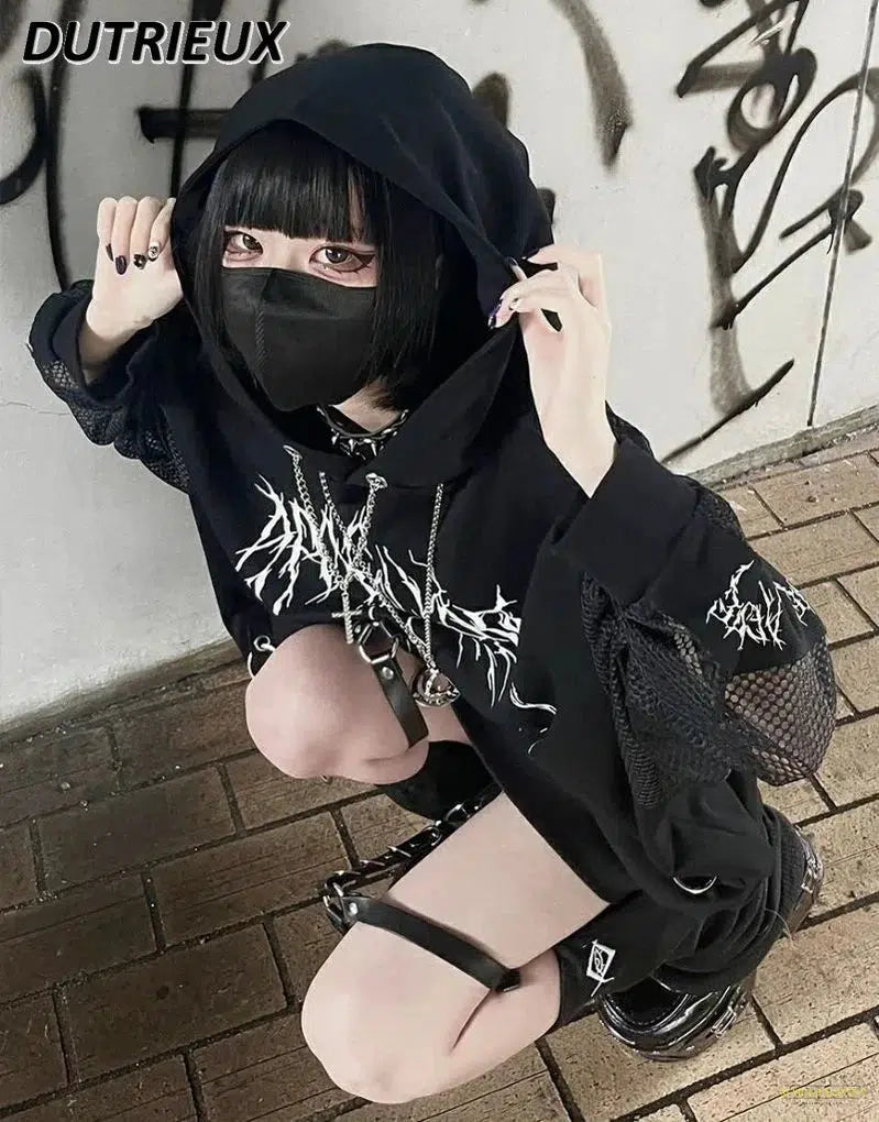 Mine Dark Goth Punk Style Street Long Sleeve Black Hoodie Sweatshirt Loose Mid-Length Pullover Coat for Women