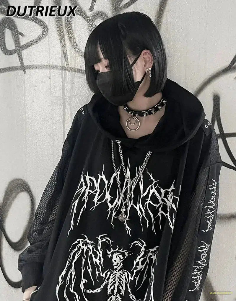 Mine Dark Goth Punk Style Street Long Sleeve Black Hoodie Sweatshirt Loose Mid-Length Pullover Coat for Women