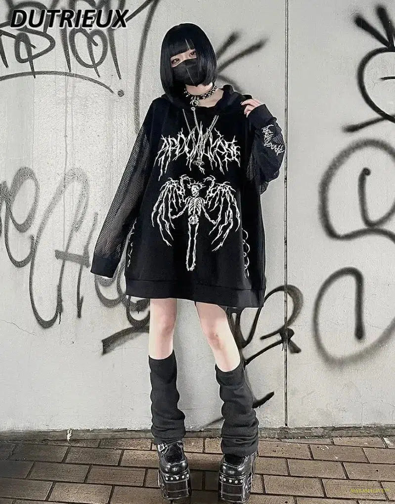 Mine Dark Goth Punk Style Street Long Sleeve Black Hoodie Sweatshirt Loose Mid-Length Pullover Coat for Women