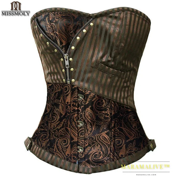 Miss Moly Steampunk Corset Gothic Bustiers Boned Zipper Brown Top Woman Tummy Slimming Sheath Modeling Shapewear Body Shaper