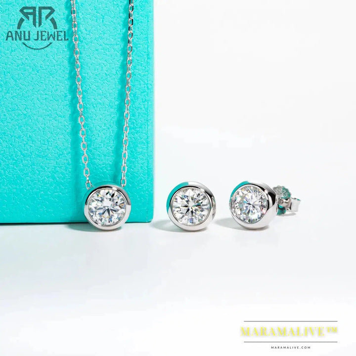 Moissanite Bezel Stud Earrings 18K Gold Plated Pendant Necklace 925 Sterling Silver Jewelry Set Customs Jewelry