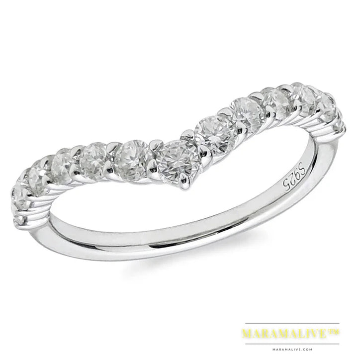 Moissanite Wedding Band Solid 925 Sterling Silver V Curved Half Eternity Band Rings For Women Fashion Stacking