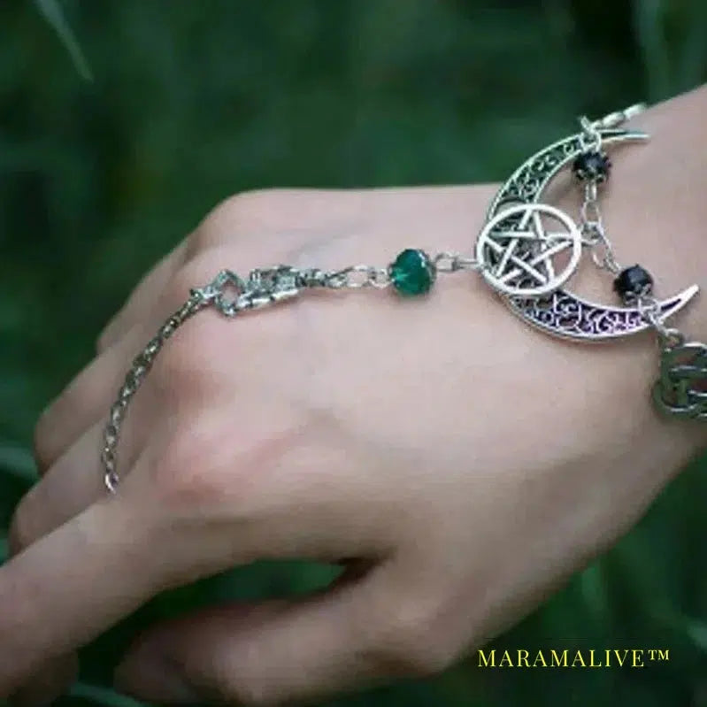 Moon Bracelet Triple Goddess Crescent Bracelet Ring Pagan Wicca Witch Pentacle Bracelet