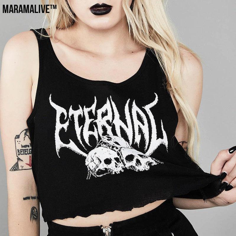 Mortal Mesh: Navel Cropped Short Vest Female Gothic Style Vest Skull Print Top