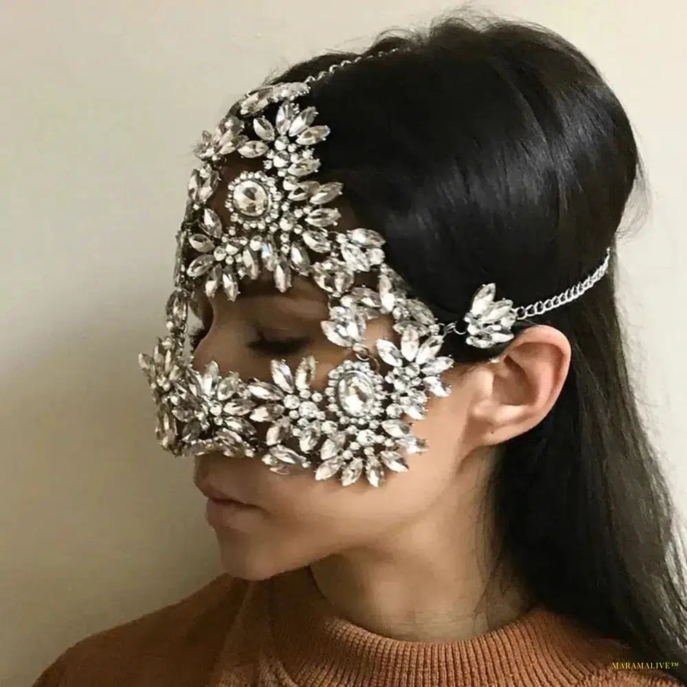 Mysterious Rhinestone Masquerade Mask Decoration Cover Face Eyes Mask Jewelry for Women Gorgeous Crystal Mask Head Jewelry Gift